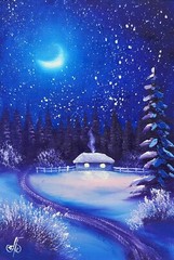 Winter Moonlight Cabin Oil Painting Original Snowy Night Landscape Art 4×6