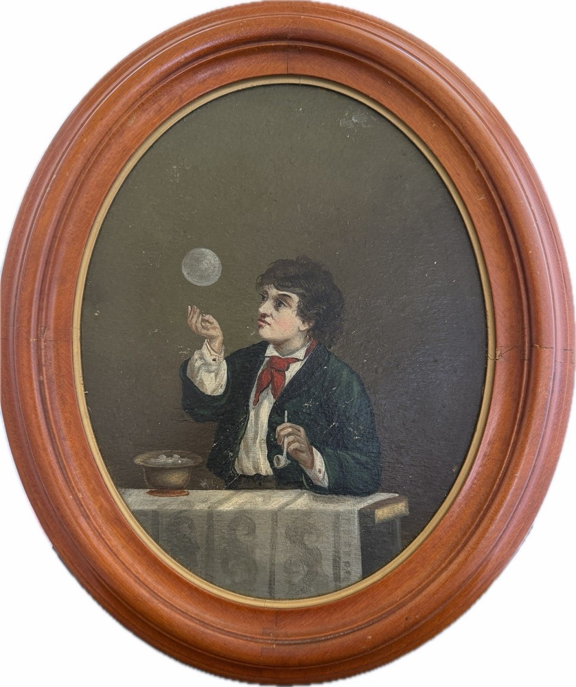 American Oil Painting „Young Boy Blowing Bubbles” After John Thomas Peele
