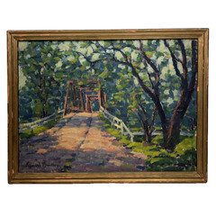 JOHN BENTLEY NY STONY FORD ANTIQUE IMPRESSIONIST BRIDGE LANDSCAPE OIL PAINTING