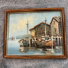 Vintage Mid Century Nautical Oil Painting Harbor Fishing Boats Harbor Scene