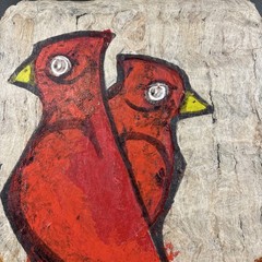 Mid Century Modern 1960s Textured Paper Cardinal Painting Mounted Wood Art MCM