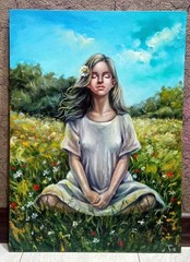 Original Painting Meditation Woman and Nature Artwork, Woman Portrait, Ukraine