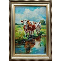 Original Cow Art Signed 4×6 Silver Inset Frame Farmhouse Pastoral Landscape