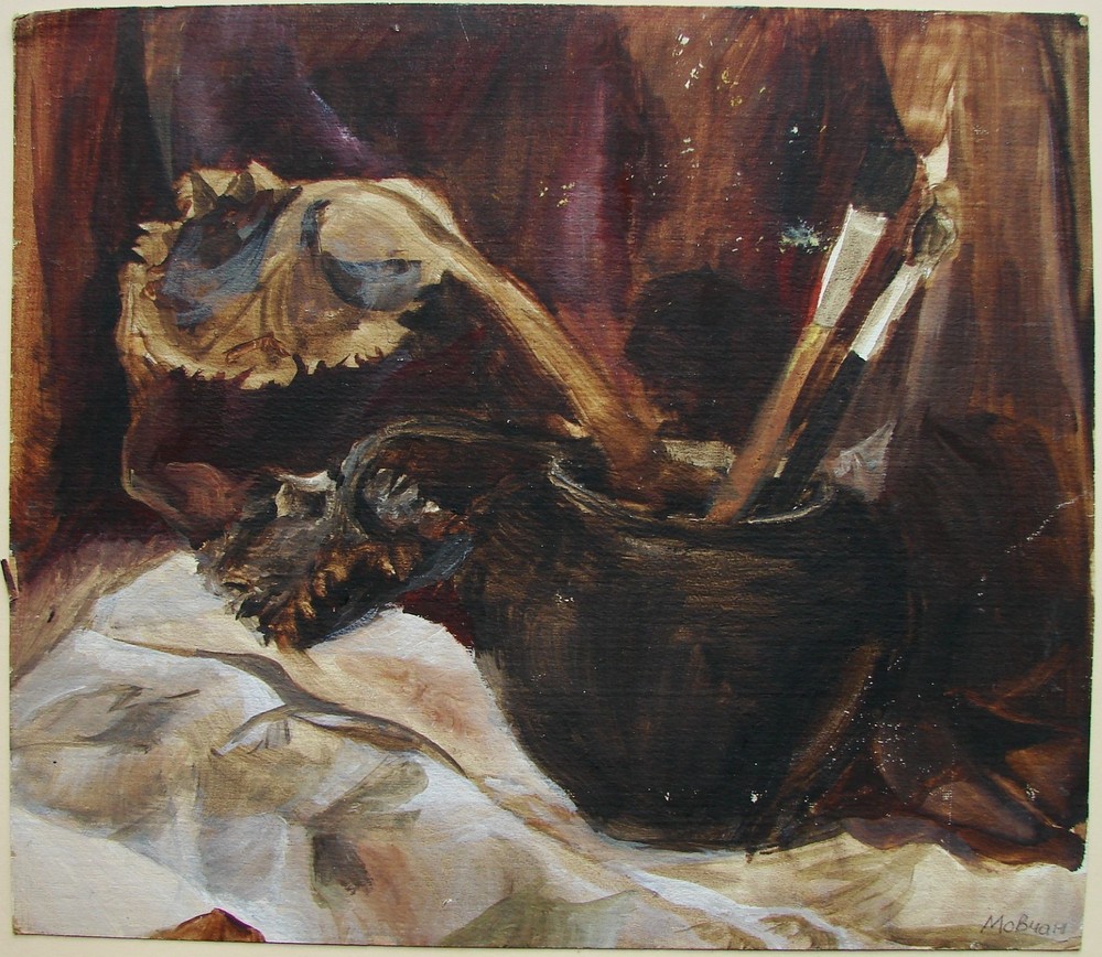 Ukrainian Soviet USSR Oil Painting Still Life rustic jug sunflower paintbrush