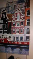 Original Acrylic Painting on Canvas Board Amsterdam With Canal Boats 11″x14″