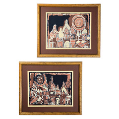 Set of 2 Raw Silk Batik Jarusalem Israel Hebrew Jewish Judaism VTG 1960 Folk Art
