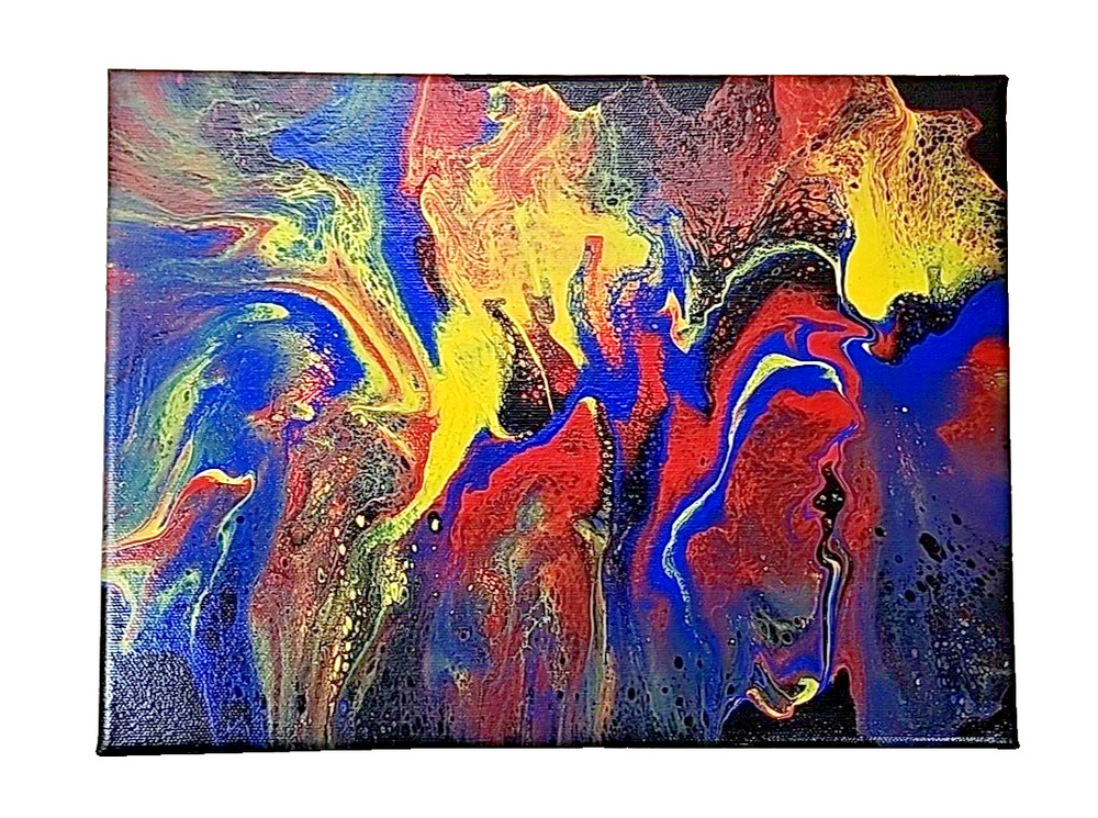 Acrylic Pour Painting Abstract Black Red Yellow Blue 12×9 Unframed OOAK Gift