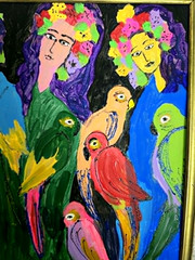 Hand Painted Acrylic on Canvas Painting „Three Sisters with Parrots“ . Signed.