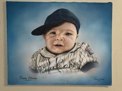 AMAZING OIL PAINTING OF AN ADORABLE BABY YANKEE FAN SIGNED KAREN A. GANCI