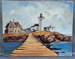 EASTERN POINT LIGHTHOUSE ORIGINAL OIL PAINTING GLOUCESTER MASSACHUSETTS MA 01930