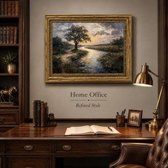 Gold Framed Canvas Wall Art, Serene River Tree Sunset Landscape Painting, Cla…