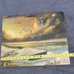 Vntg Original 1970’s Seascape Oil Painting Seagulls Birds Boat Beach 16” X 20”