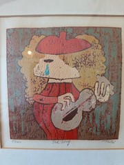Signed Al Robi linocut art 55/150 Sad Song guitar painting framed autographed