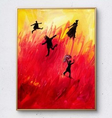 Leaping Figures Red Sky Acrylic Painting 11×14 Canvas Signed Whimsical Expressio