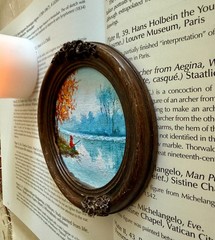 miniature oil painting, original painting ,lake landscape ,fisherman painting