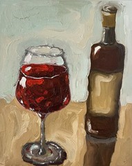 Wine Bottle & Glass Oil Original Painting Small Still Life Kitchen Decor