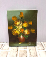 VTG Yellow Rose Floral Still Life Original Oil on 8×10 Canvas Warm Tone Signed