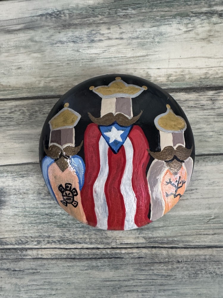 Artisan Hand Painted Man Made Rock | 3 Reyes Magos Puerto Rico Flag Art 4″ #C