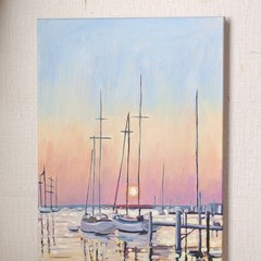 Original Oil Painting Sailboats Sunset Marina Seascape 12×16 Canvas