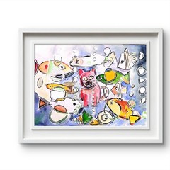 Cat Fish Colorful Neo Expressionist Original Wall Art 9×12 Watercolor Paper