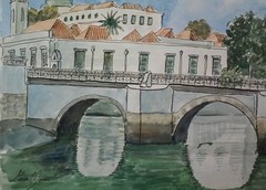 Original Watercolor w Pen & Ink ROMAN BRIDGE TAVIRA PORTUGAL Stuart Jones 9×11