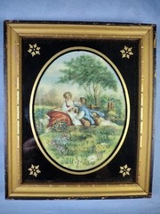 Antique Silk Embroidered W/C Painting Courting Couple w/ Reverse Painted Glass