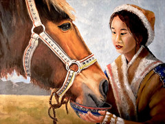 Oil painting of Mongolian girl and horse on 16 x 20 canvas