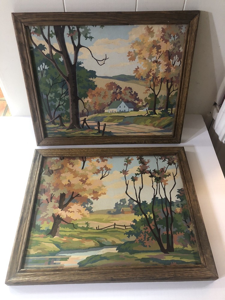 Vintage PAIR Paint By Number AUTUMN COUNTRYSIDE Landscape 11 x 14 Wood Frame