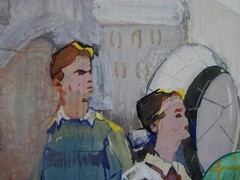 Ukrainian Soviet monumental painting sketch progressive young workers girl atom