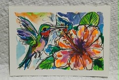 OOAK Hummingbird & Hibiscus ACEO — Loose Watercolor Scribble Style by Virginia