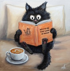 Original Acrylic Painting Funny Black Cat Reading Book Coffee Humor Portrait Art