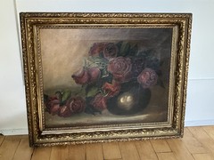 Antique 19c Victorian Roses Moody Still Life Painting On Canvas Gold Gesso Frame
