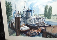 Wonderful Large Watercolor by Seattle Artist Paul Newman „Barge Tenders“.