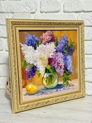 Original Oil Painting Lilac Flowers Spring Still Life Art Signed 15×15 in FRAMED