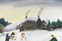 18″ Oil Painting Canvas Lea Mikel Winter Time Landscape Snowman Rustic Decor #46