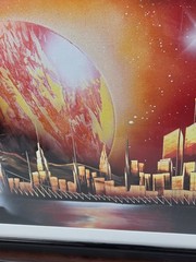 Original Signed Spray Paint Art, NYC Skyline Cityscape & Planets, Framed Modern