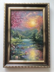 Original Oil Painting in Frame Flowers Lilies River Sunset Nature Scenery 6х4