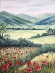 Original Acrylic Landscape Painting Red Poppy Field Mountain Meadow Wall Art