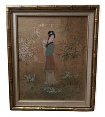 PAIR JAPANESE GEISHA WOMEN AND GARDEN PAINTING SIGNED