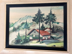Framed Watercolor Print/Painting original Signed Cabin In The Woods by Robbi..?