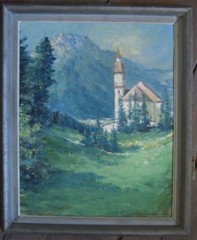 ::CHURCH IN MOUNTAIN VALLEY OIL ON CANVAS MOUNTAIN LANDSCAPE PANORAMA NATURE ARCHITECTURE