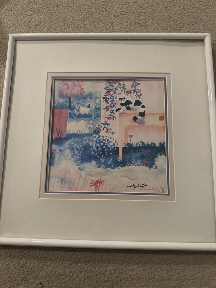 Mike Smith Bill And House Signed Lithograph Cat Watercolor Framed In 21.5 x 21.5