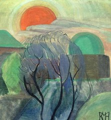 Kirsten Høm (1906) Large Danish Geometric Landscape at Sunset. 1940s. COA