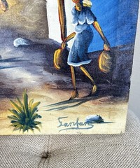 Haitian Folk Art Village Scene Painting by Sanfar Signed & Inscribed Canvas VTG