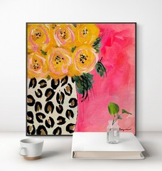 Original Acrylic Painting by Mary Myers Yellow Roses Leopard Vase Pink