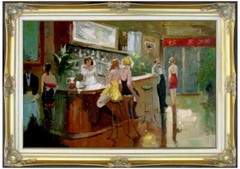 Framed, The Bar Lounge Restaurant, Quality Hand Painted Oil Painting 24x36in