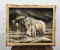 Vintage Ernesto Sanchez White Buffalo Southwestern Burial Spirit Velvet Painting