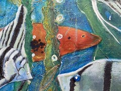 Vintage Original Oil Painting Assemblage Art Underwater Fish Sea Ocean Aquarium