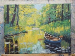 Sean Wu original oil painting, 12×16 on stretched canvas, boat in the pond