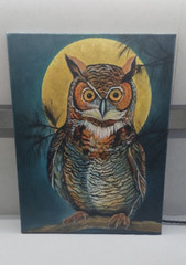 acrylic painting OWL UNDER THE MOON on canvas 45×35 cm